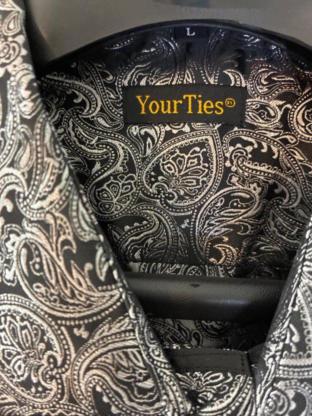 Your Ties Paisley Shirt Black Silver Satin Look Button Front Mens Large Prom - Picture 3 of 10